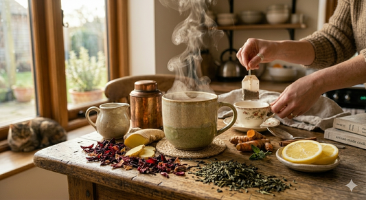 A cup of green and herbal tea with hibiscus petals, cinnamon sticks, and loose tea leaves on a wooden table in soft natural light.