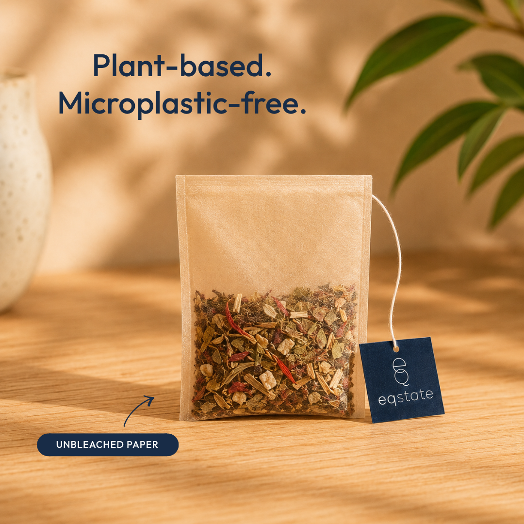 Unbleached, plastic-free EQ paper tea filter with string and tag