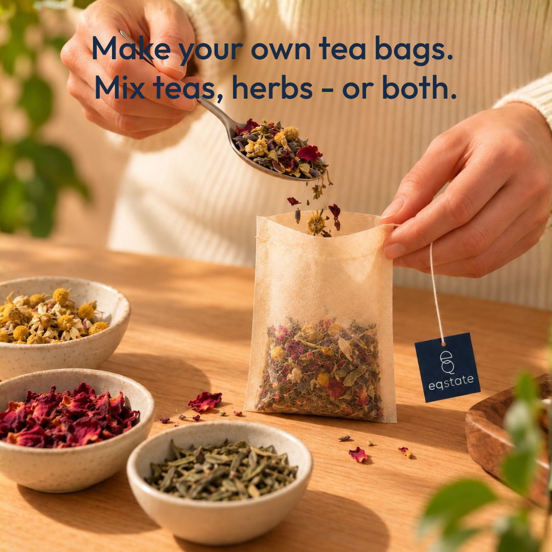 Filling an EQ tea filter with a mix of dried flowers and loose leaf tea