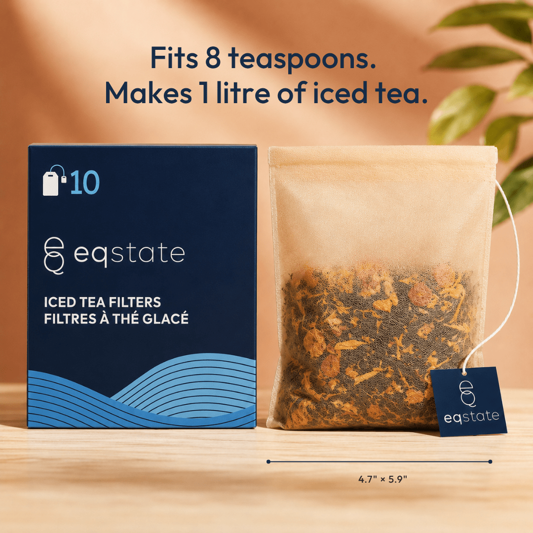 Eqstate iced tea filters packaging with a tea bag on a wooden surface.